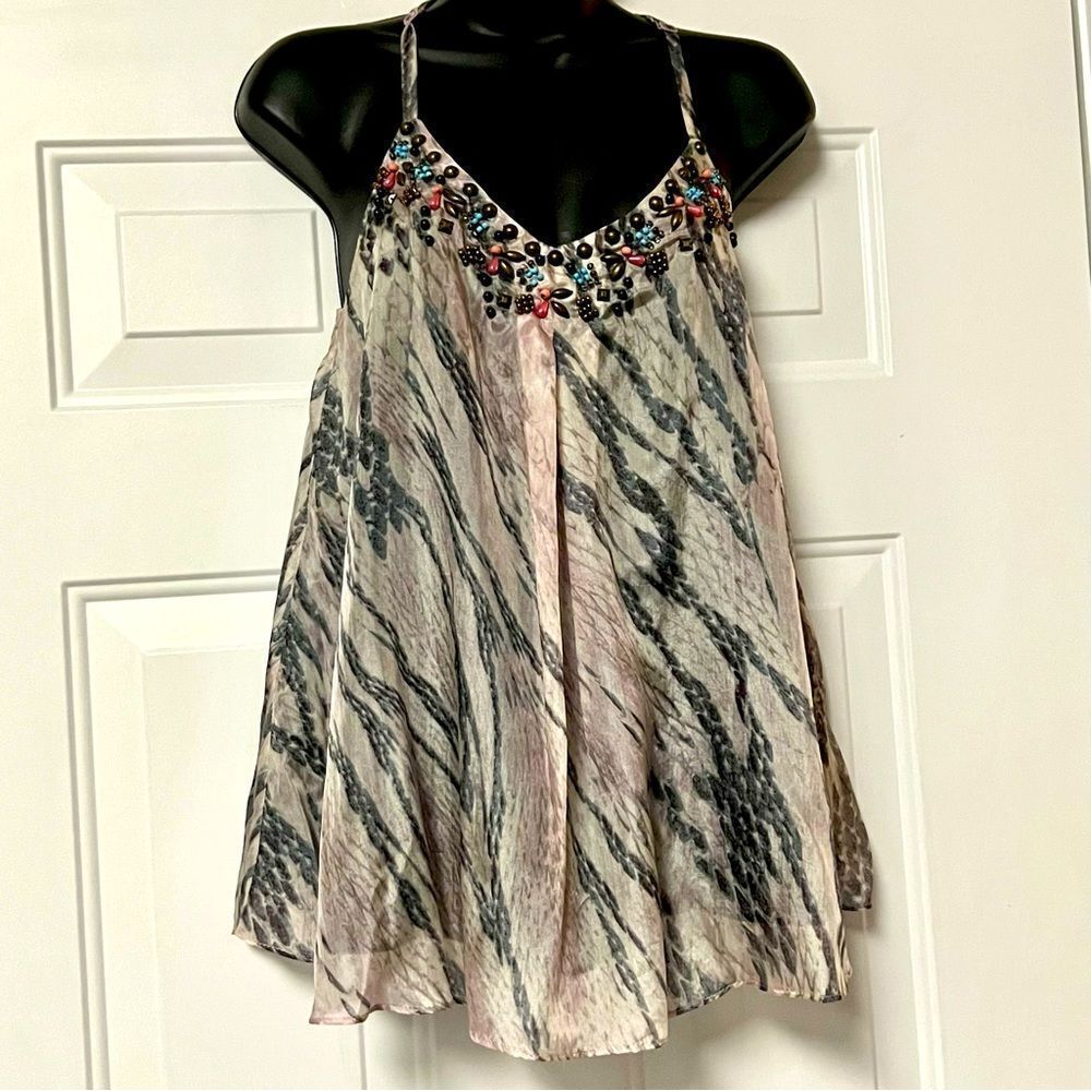 Anthro Ark & co 100% Silk Gray Pink Watercolor Racerback Beaded Trapeze Top S